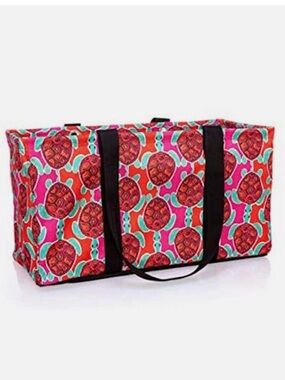 Thirty One Large Canvas Utility Tote Bag Sea Turtle Tango Pattern Webbed Handles